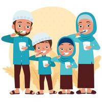 ilustração ou vetor do muçulmano família consiste do pai e dois crianças estão escovar seus dentes juntos alegremente e segurando uma vidro do água.