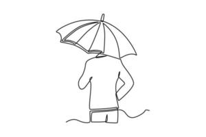 contínuo uma linha desenhando seguro ícone uma homem carregando a guarda-chuva. seguro conceito solteiro linha desenha Projeto gráfico vetor ilustração