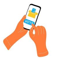 desenho animado humano mão segurando Móvel telefone com votação aplicativo em tela vetor