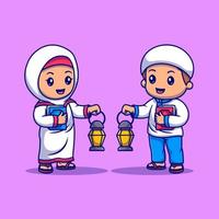 fofa Garoto e menina muçulmano segurando Alcorão livro com islâmico lanterna desenho animado vetor ícone ilustração
