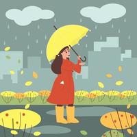 uma garota fica com um guarda-chuva na chuva vetor