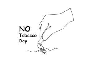 contínuo uma linha desenhando uma mão coloca Fora uma cigarro. não tabaco dia conceito solteiro linha desenha Projeto gráfico vetor ilustração