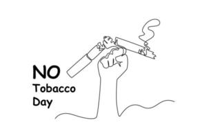 contínuo uma linha desenhando mão soco uma cigarro. não tabaco dia conceito solteiro linha desenha Projeto gráfico vetor ilustração