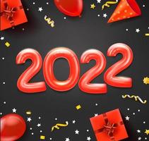 Feliz novo cartão comemorativo de 2022 com balões vermelhos e acessórios de Natal vetor