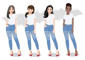 conjunto de meninas diversas com penteados diferentes em camisetas brancas e vetor de jeans azul