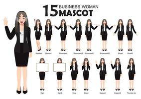15 mascote de mulher de negócios em terno preto, poses de estilo de personagem de desenho animado vetor