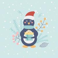 bonito pinguim com um chapéu de Papai Noel com um presente sobre um fundo claro com flocos de neve e elementos decorativos. cartão de natal, cartaz, ilustração infantil, inverno. estilo simples de vetor