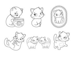 conjunto de vetores de gato de estilo bonito dos desenhos animados em poses diferentes. ilustração de personagens animais para crianças. mão desenhada desenhos de linha de gatinho engraçado. grande coleção de animais de estimação para crianças, colorir, animação.