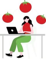 mulher trabalhando em computador portátil enquanto sentado às a mesa com tomates. plano vetor ilustração.