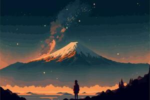 menina olhando às a montar Fuji durante a noite. vetor arte do animê mulher observação de estrelas. lindo