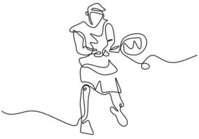 desenho de linha contínua de homem segurando a raquete para jogar o torneio de tênis. jovem tênis masculino energético isolado no fundo branco. esporte e conceito de estilo de vida saudável. ilustração vetorial vetor