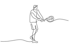 desenho de linha contínua de homem segurando a raquete para jogar o torneio de tênis. jovem tênis masculino energético isolado no fundo branco. esporte e conceito de estilo de vida saudável. ilustração vetorial vetor