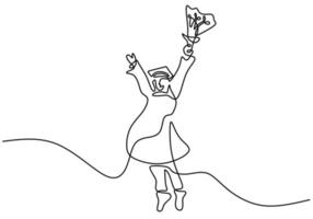 desenho de linha contínua de jovens estudantes felizes pós-graduação estudante universitário pulando com alegria e usar a formatura isolada no fundo branco. conceito de celebração de educação. ilustração de desenho vetorial vetor