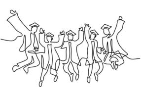 um desenho de linha de jovem feliz pós-graduação masculino e feminino estudante universitário pulando estilo minimalismo de arte linha contínua desenhada de mão em fundo branco. conceito de celebração. ilustração de desenho vetorial vetor