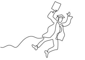 desenho de linha contínua de jovem estudante do sexo masculino feliz pulando para comemorar seu projeto de minimalismo de arte de graduação de resultado de exame final. conceito de educação de vida no campus. ilustração vetorial vetor