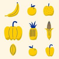 projeto da mistura de frutas tropicais em fundo branco. conjunto de ícones de alimentos como banana, laranja, maçã, abóbora, limão, milho, carambola. coleção de ilustrações para materiais impressos, embalagem, papel de parede