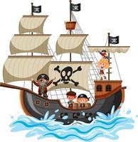 navio pirata na onda do oceano com muitas crianças isoladas no fundo branco vetor