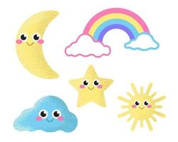 conjunto de ícones bonitos estrela, lua, arco-íris, nuvem e sol. cores pastel suaves, decoração para o berçário. ilustração em vetor plana em um fundo branco