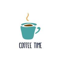xícara de café em um fundo branco com a inscrição hora do café, silhueta da caneca, ícone, logotipo, cartão postal vetor