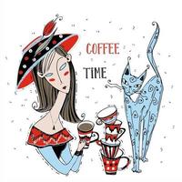 uma garota com um gato bebe café. hora do café. estilo art nouveau vetor
