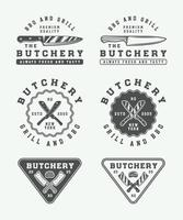 conjunto de logotipos de carne de açougue vintage, bife ou churrasco, emblemas, crachás, rótulos. arte gráfica monocromática. ilustração vetorial. vetor