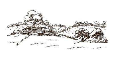 mão desenhada ilustração vetorial de natureza com paisagem rural com uma fazenda. vetor