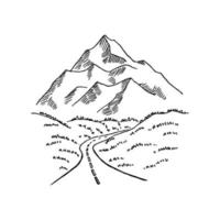 estrada para as montanhas. paisagem preta sobre fundo branco. mão desenhada picos rochosos no estilo de desenho. ilustração vetorial. vetor