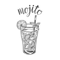 mojito clássico coquetel mão desenhada ilustração vetorial. copo de limonada com gelo e uma rodela de limão e um canudo e folhas de hortelã, para cartões de coquetel. letras de mojito caseiro, ilustração isolada vetor