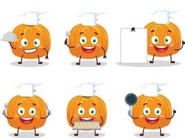 desenho animado personagem do abóbora com vários chefe de cozinha emoticons vetor