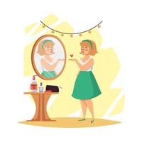 mulher satisfeito com dela aparência dentro espelho plano vetor ilustração isolado.