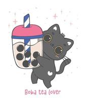 kawaii Preto gatinho gato abraço bolha leite chá xícara, boba gato amante, adorável desenho animado animal dolo mão desenhando vetor