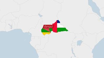 central africano república mapa em destaque dentro carro bandeira cores e PIN do país capital bangui. vetor