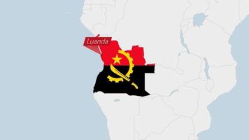 Angola mapa em destaque dentro Angola bandeira cores e PIN do país capital luanda. vetor