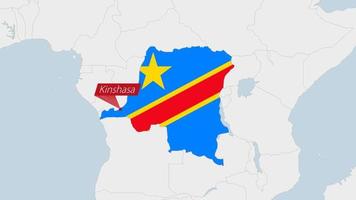 dr Congo mapa em destaque dentro dr Congo bandeira cores e PIN do país capital Kinshasa. vetor