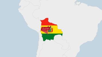 Bolívia mapa em destaque dentro Bolívia bandeira cores e PIN do país capital sucre. vetor
