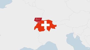 Suíça mapa em destaque dentro Suíça bandeira cores e PIN do país capital berna. vetor