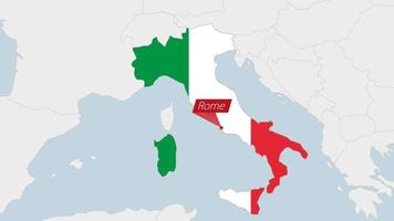 Itália mapa em destaque dentro Itália bandeira cores e PIN do país capital Roma. vetor