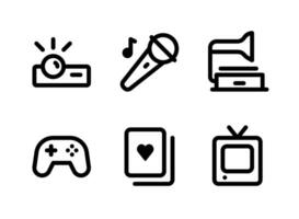conjunto simples de ícones de linha do vetor relacionados ao entretenimento. contém ícones como projetor, controlador de jogo, placa de cassino, televisão e muito mais.