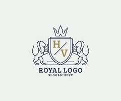 modelo de logotipo de luxo real de leão de letra hv inicial em arte vetorial para restaurante, realeza, boutique, café, hotel, heráldica, joias, moda e outras ilustrações vetoriais. vetor