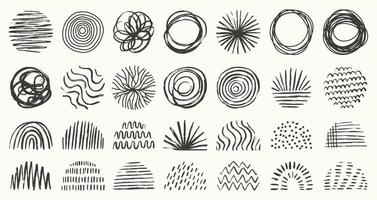 conjunto de fundos abstratos redondos e semicírculos ou padrões. formas de doodle desenhado à mão. manchas, quedas, curvas, linhas. ilustração vetorial na moda moderna e contemporânea. vetor