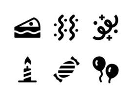 conjunto simples de ícones sólidos de vetor relacionados com aniversário. contém ícones como serpentinas, velas, doces, balões e muito mais.