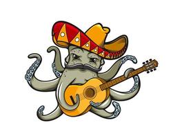 desenho animado polvo dentro mexicano sombrero com guitarra vetor