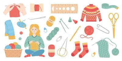 vetor tricô conjunto elementos. lã fio bolas e meadas. tricotar tópicos, agulhas, tesoura. crochê gancho e cesta com fio. acolhedor construindo passatempo. tricotado caloroso roupas.