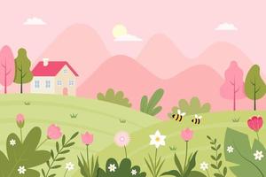paisagem de primavera com linda ilustração de uma casa e flores vetor