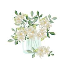 aguarela branco Murraya laranja jasmim flor ramalhete dentro vidro vaso clipart vetor