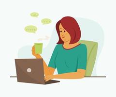 mulher freelance está online, trabalhando com o laptop de casa. vetor