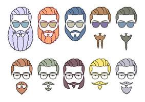 conjunto do hipster face com bigodes e encaracolado barbas vetor