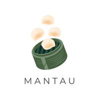 logotipo ilustração bolinho de massa mantau chinês cozido no vapor volta pão com bambu vaporizador vetor