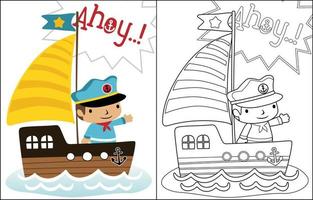 desenho animado vetor do pequeno marinheiro em barco a vela, coloração livro ou página