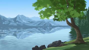 lago e montanha cenário com árvores e pedras dentro primeiro plano. vetor natureza panorama